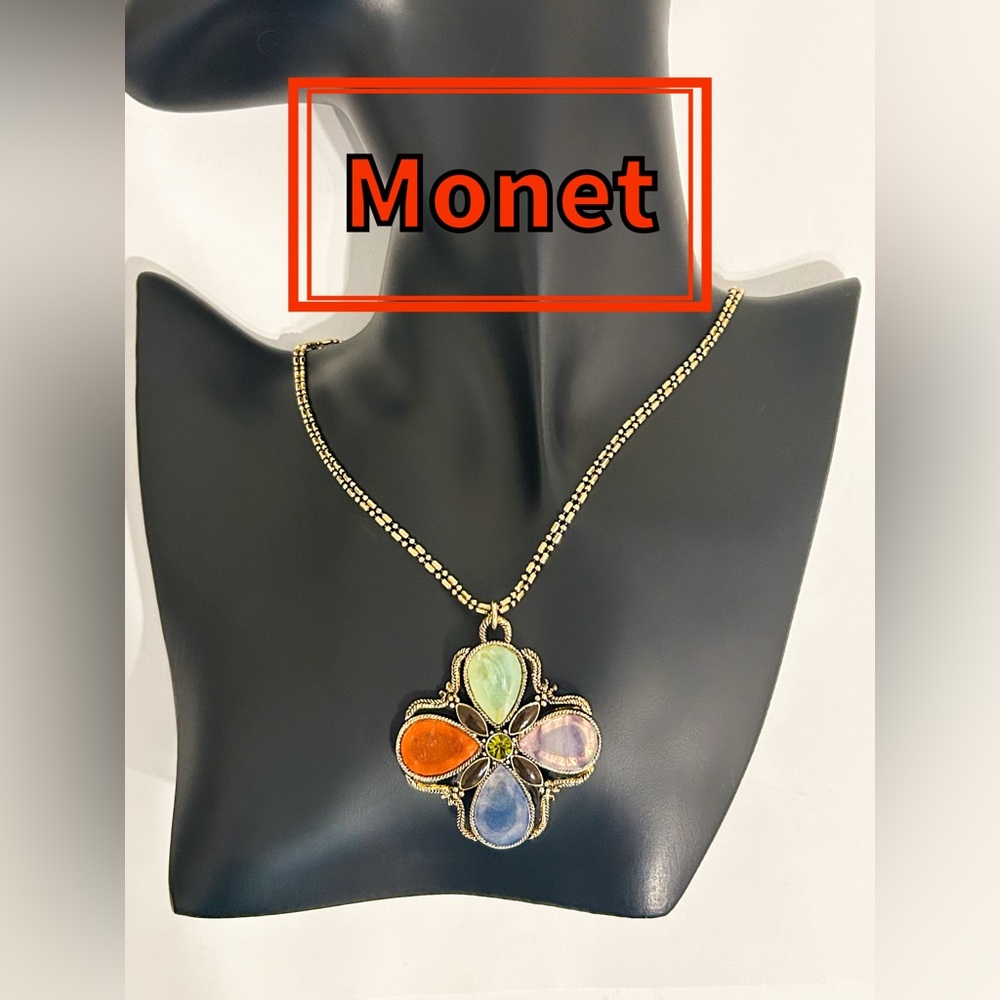 Vintage Monet Multicolor Cabochon Pendant Necklace
